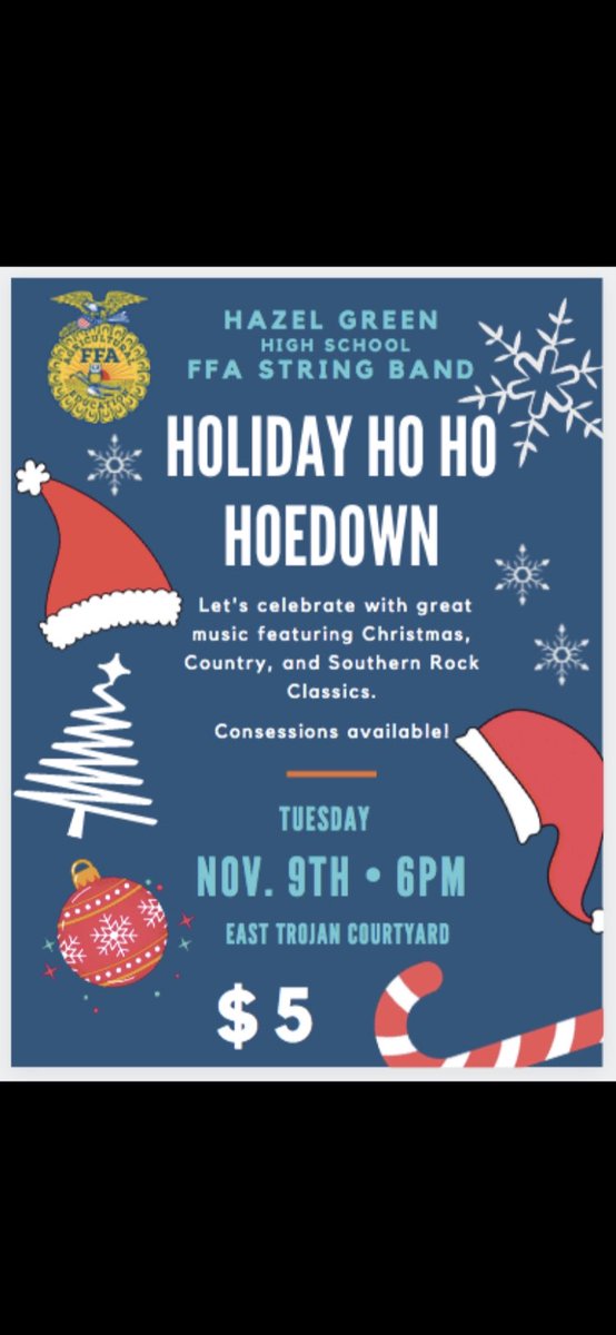 Come join us in the courtyard for a night of fun, kicking off the Holiday Season with some music featuring our FFA String Band! <a href="/HazelGreenHigh/">Hazel Green High School</a>