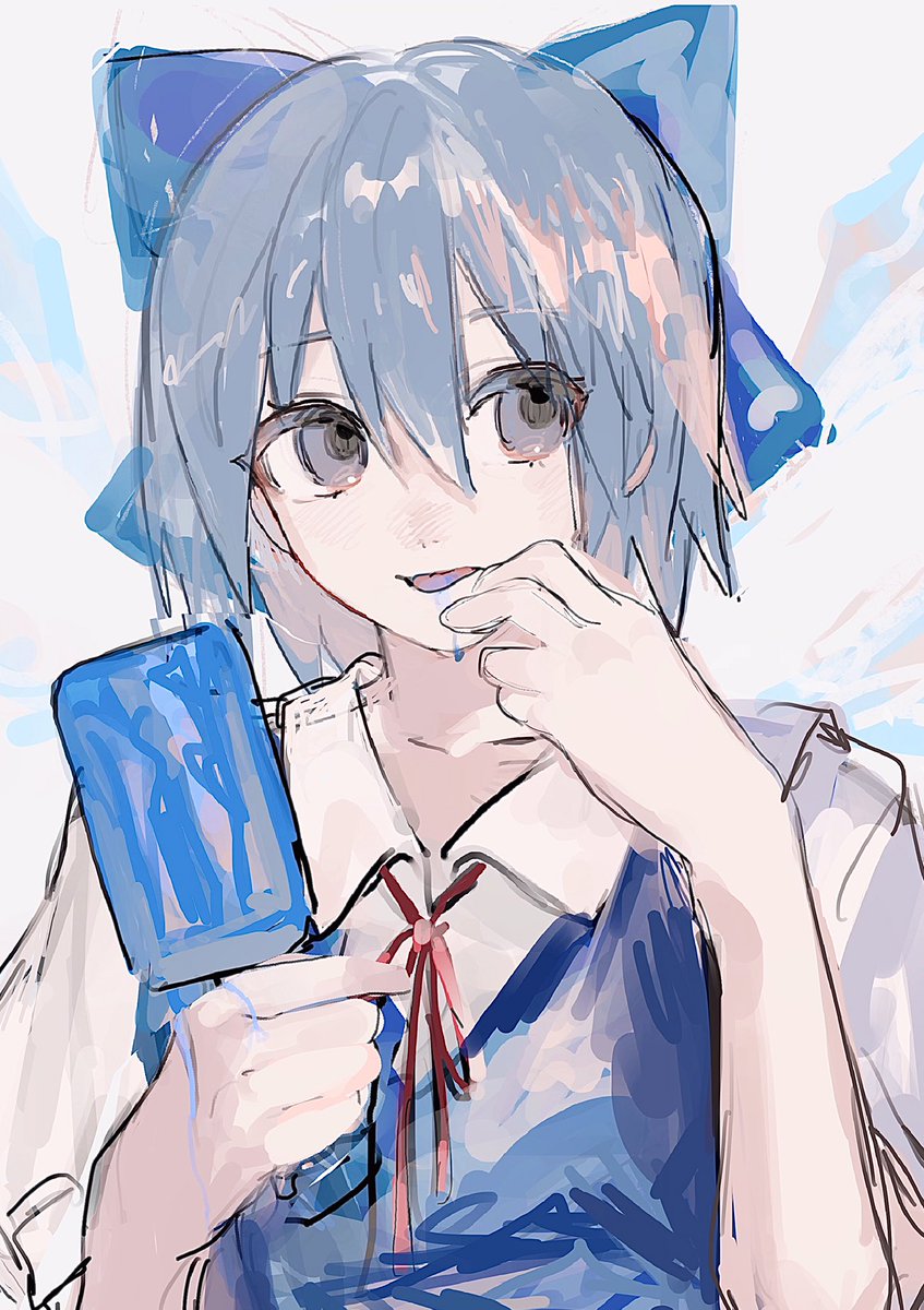 cirno 1girl solo blue hair food popsicle bow hair bow  illustration images