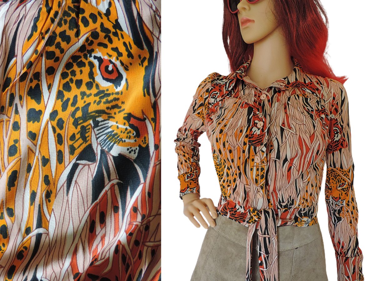 Excited to share the latest addition to my #etsy shop: 70s Blouse, Jungle Tigers & Leopards Vintage Novelty Print Shirt with Pointed Collar etsy.me/3FSJg6U #sustainablevintage #animalprint #mod #vintage #longsleeve #wild #animals #1970s #70sblouse