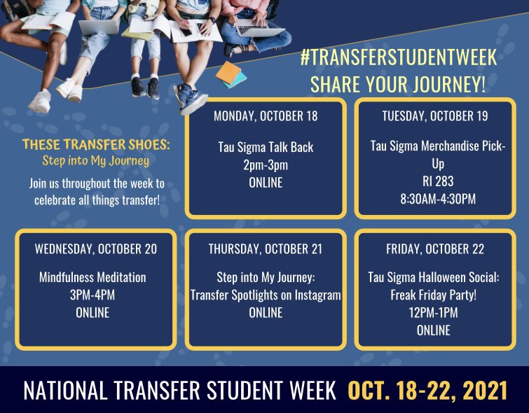 Join Tau Sigma Virtual Events for #transferstudentweek October 18-22. Activities all week long❗️Schedule is as follow‼️

#montclairstateuniversity #montclairstate #tausigma #tausigmanationalhonorsociety #nationalhonorsociety #studenttransferweek