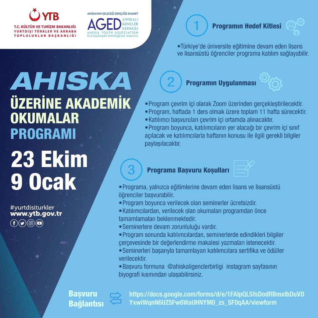 Yurtdışı Türkler ve Akraba Topluluklar Başkanlığı ile birlikte düzenlediğimiz “Ahıska Üzerine Akademik Okumalar” programının başvurusu başlamıştır. 
Başvuru linkine biyografi kısmından ulaşabilirsiniz.
🔴 Son başvuru tarihi : 20 ekim 2021