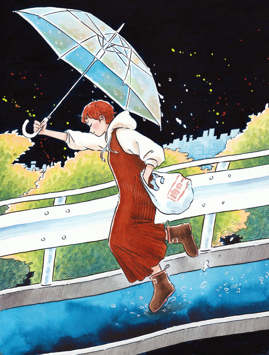 1girl solo hood red dress umbrella bag boots  illustration images