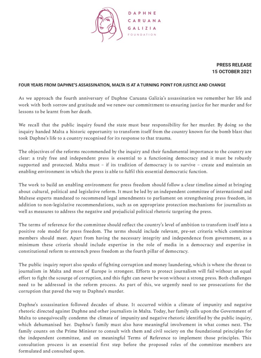 daphnefdtn's tweet photo. Four years from #DaphneCaruanaGalizia's assassination, Malta is at a turning point for justice and change. Our statement: https://t.co/CM5Jq4pWKY