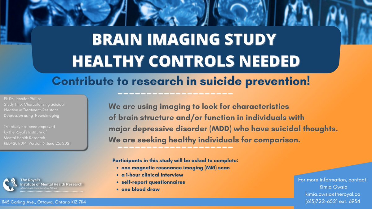TheRoyalMHC's tweet photo. ๐ฃ Participants needed for brain imaging study! ๐ง
Using imaging to look for characteristics in individuals with major depressive disorder (MDD) who have suicidal thoughts, we seek individuals without MDD for comparison.
๐ป For more info please contact kimia.owsia@theroyal.ca. https://t.co/YBErvPTP7S