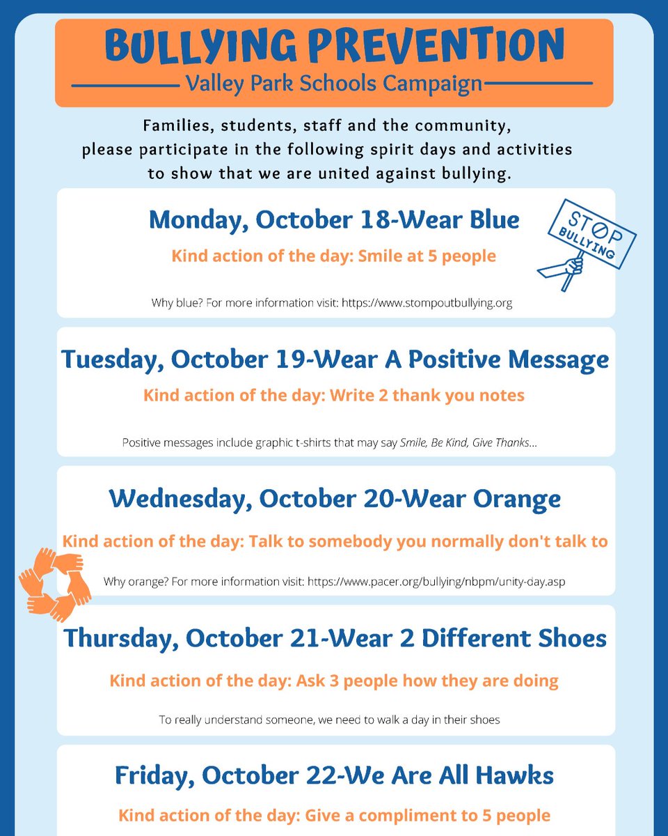 VPSD is recognizing Bullying Prevention Awareness next week and you can help! Be a part of the solution and show your support by participating in the spirit and activity days planned district-wide!
#ThisisVPMS #VPPride