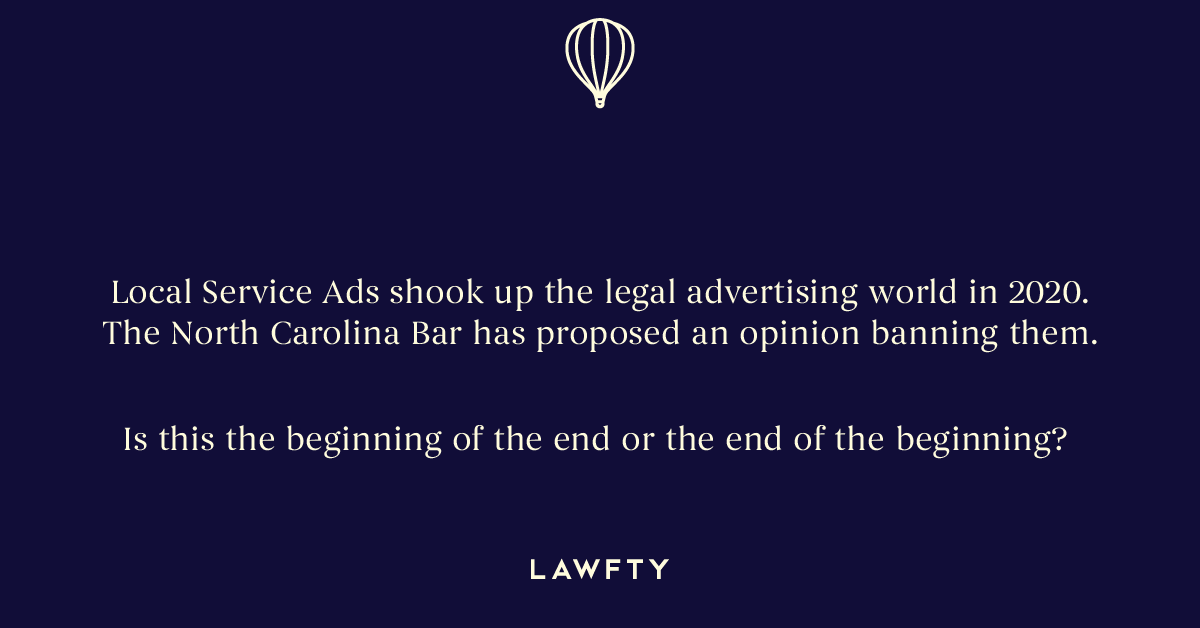 getlawfty's tweet photo. Do Local Service Ads abide by the Rules of Professional Conduct?

See Proposed NC Ethic Opinion 5: https://t.co/tIeKM0SXWV

#personalinjury #lawfirmmarketing #legaltech #attorneymarketing https://t.co/zJ2aPykAoV
