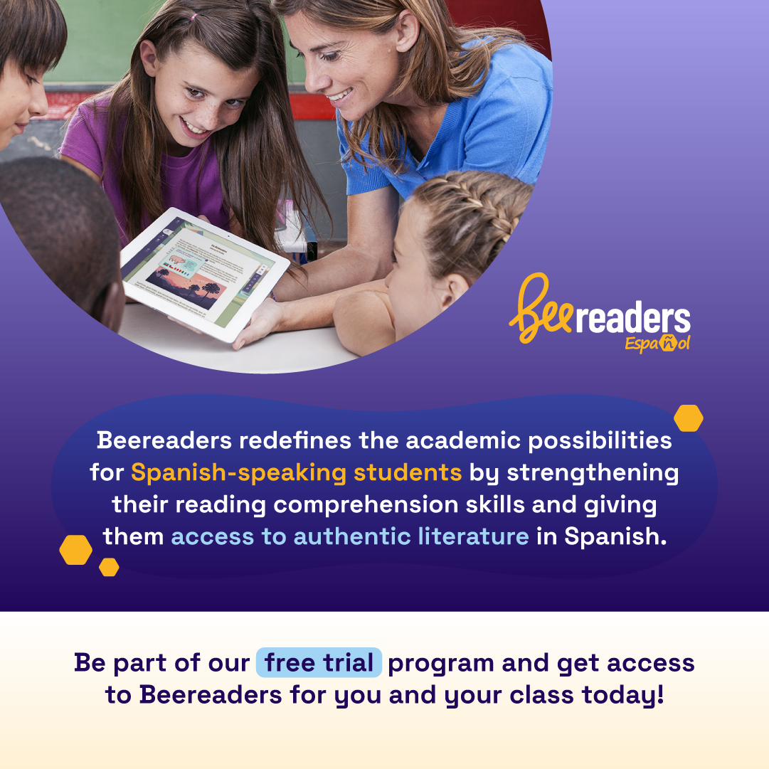BeeversoOficial's tweet photo. Beereaders is a supplemental digital Spanish reading platform promotes Spanish literacy skills using adaptive learning, authentic Spanish content, grades 2 -12 in dual language, bilingual/heritage language programs. Try for free! https://t.co/IxDwj1OXip #WIDAEspaรฑol #duallanguage https://t.co/oJmDHY9Xxh