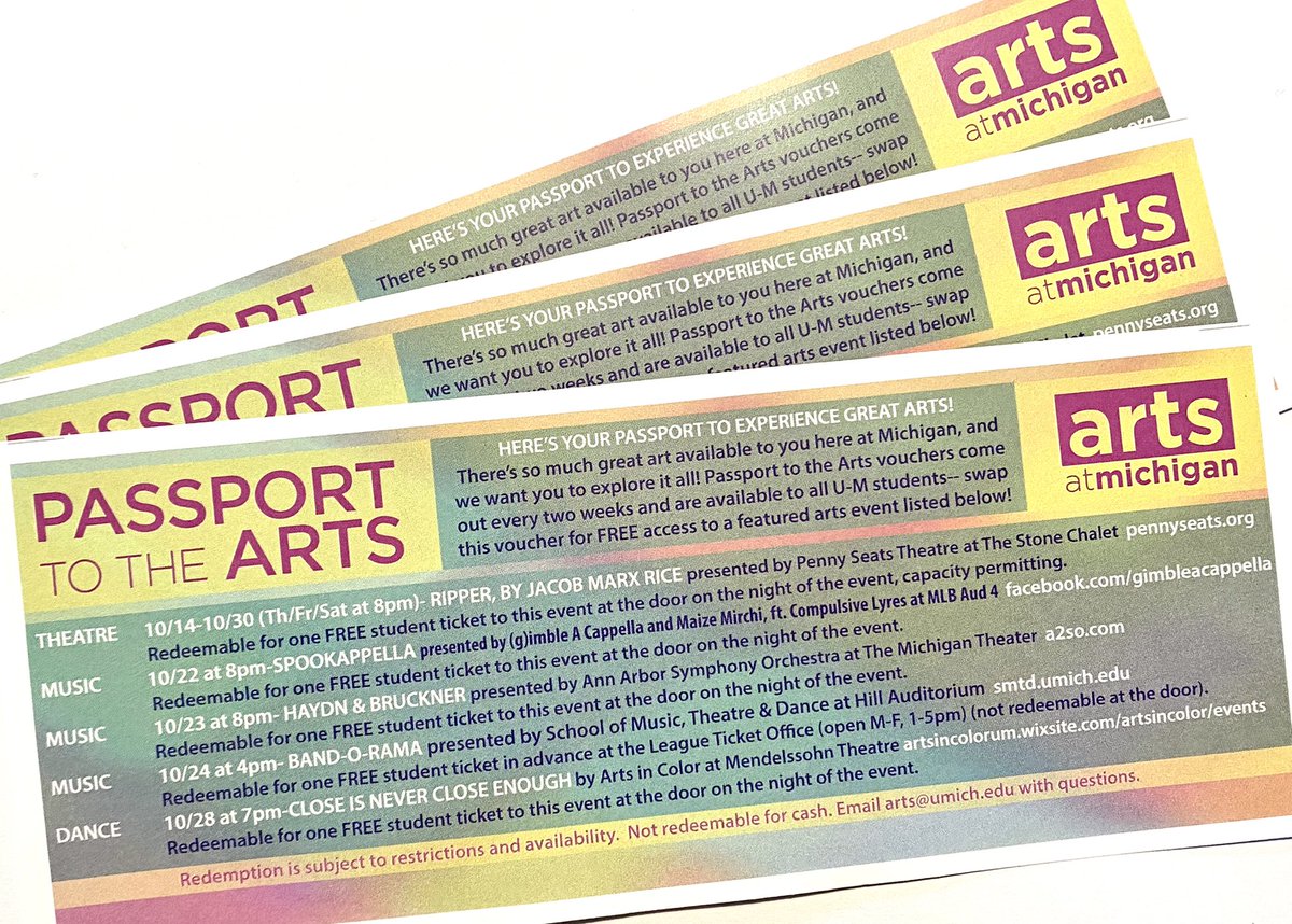 Arts at Michigan (@artsatmichigan) on Twitter photo New #PassportVouchers are available across campus! <a href="/UMichStudents/">Michigan Students</a> can pick one up at a ResHall CC, Pierpont, <a href="/UMTrotterMC/">Trotter Multicultural Center</a>, or ONSP and swap it for a FREE ticket to a featured arts event!
artsatmichigan.umich.edu/programs/passp⦠New #PassportVouchers are available across campus! <a href="/UMichStudents/">Michigan Students</a> can pick one up at a ResHall CC, Pierpont, <a href="/UMTrotterMC/">Trotter Multicultural Center</a>, or ONSP and swap it for a FREE ticket to a featured arts event!
artsatmichigan.umich.edu/programs/passpā¦
