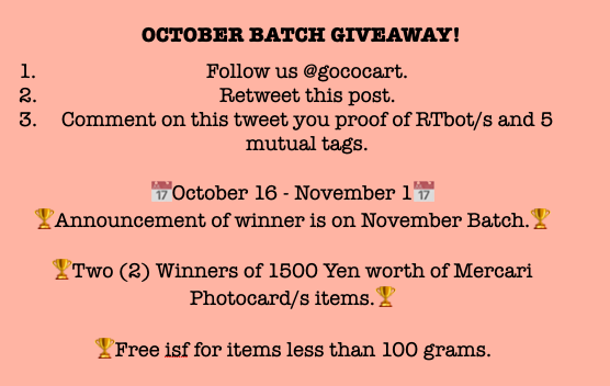 GocoCart's tweet photo. #GocoGiveaway
π: Two (2) winners 1500 Yen worth of Mercari Photocard/s items. https://t.co/qgcjVh8x9a