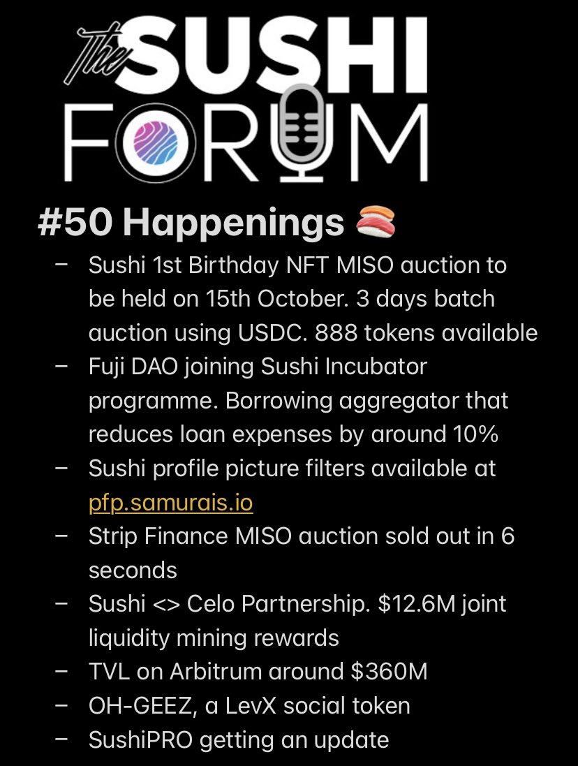 Trudahamzik's tweet photo. Notes from Sushi Forum #50 on:

- @asksamurais releasing Sushi Filters
- OH GEEZ it’s @LevxApp SousChef proposal
- @poapxyz Creative Hackathon 

.. and more 👇

@SushiSwap <> @0x0ri0n <> @0xMagicturtle <> @0xTangle https://t.co/krTDLREPh1