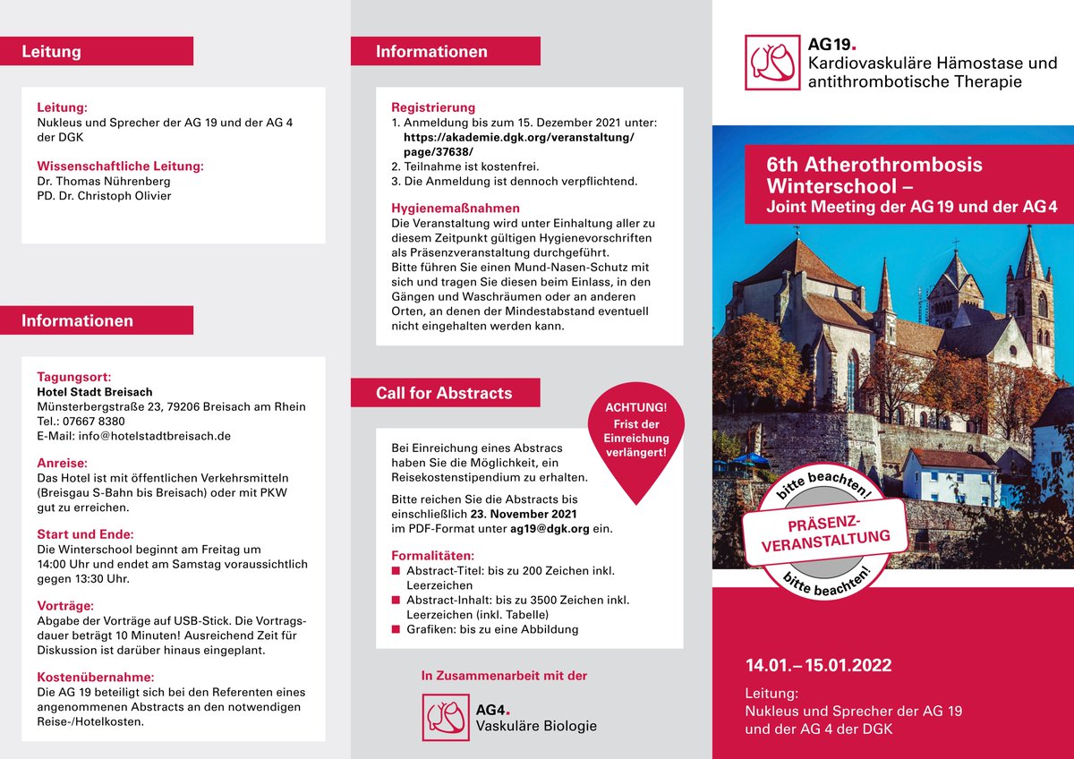 Interested in #atherothrombosis and #vascularbiology? Then join us at the 6th Atherothrombosis Winterschool, a joint meeting by AG19 and AG4 of @DGK_org ! You can submit your own abstract until 23.11. akademie.dgk.org/veranstaltung/…