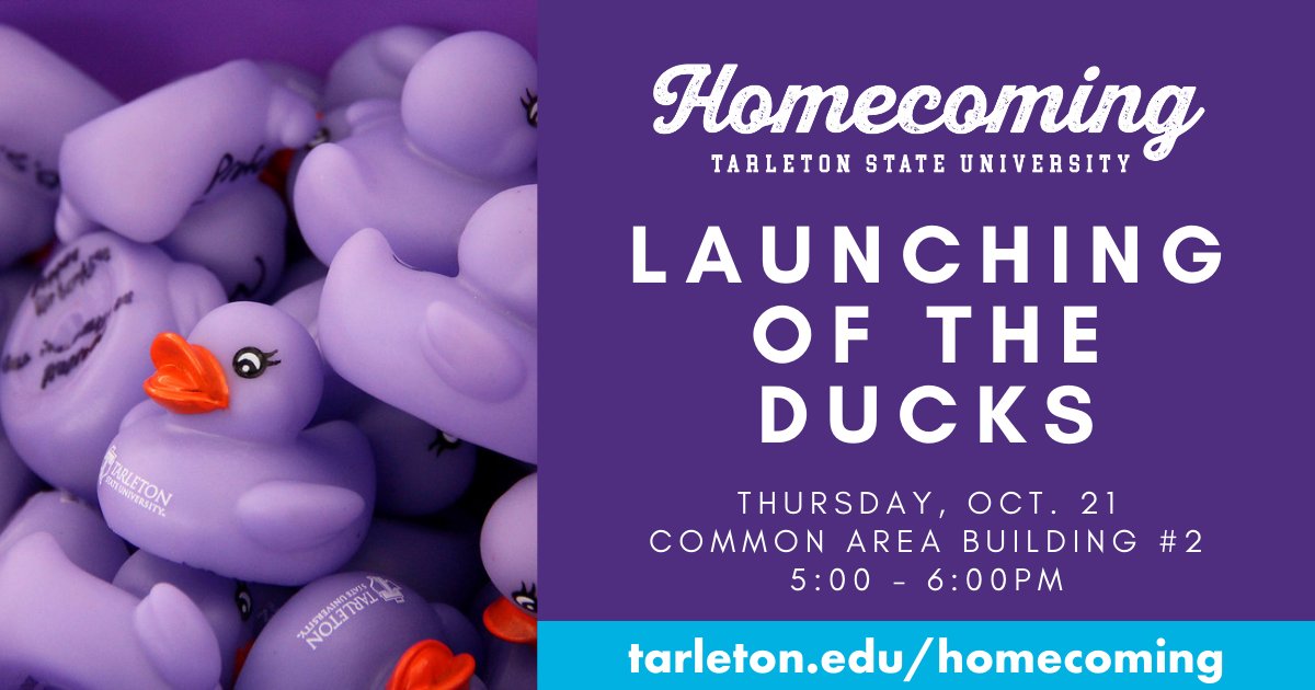 TarletonMidlo's tweet photo. Join us for Launching of the Ducks at Tarleton - Midlothian! Hope to see you there! 🤠 💜 🎉  #TarletonState #TarletonHomecoming https://t.co/P8v85rgKDX