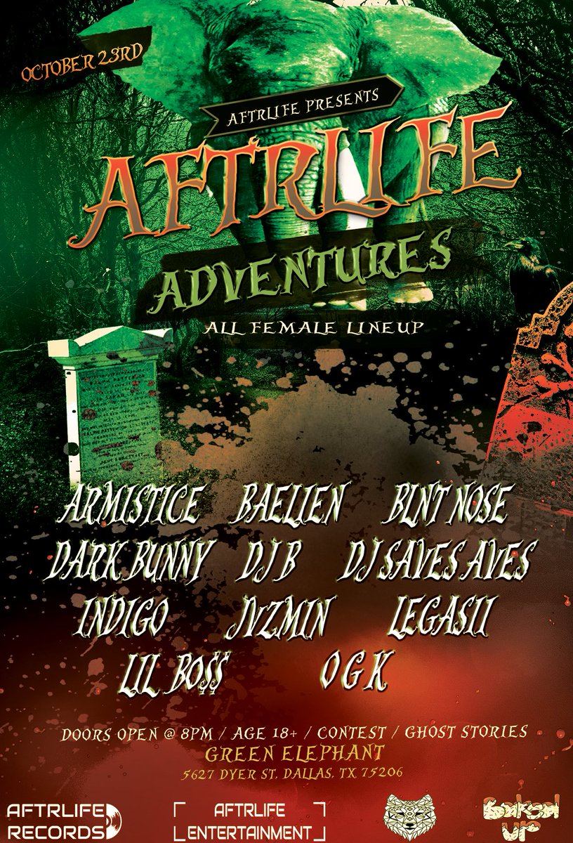 The official line up for AFTRLIFE Adventures 👻🖤 

⏰ October 23rd @ 8PM ⏰

Line up 🔥💗⤵️

@dplurprincess @emilee_ryba <a href="/the_darkbunny/">Dark🖤Bunny</a> <a href="/xoxoindigo/">...</a> @ogkkai_ + more‼️

📍@greenelephantdallas 💚🐘

👻 Costume party, ghost stories + more❕🎃