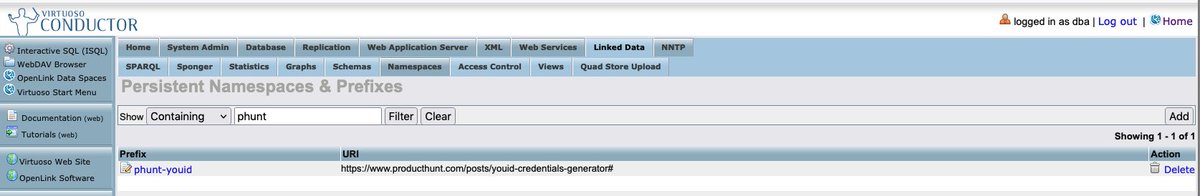 kidehen's tweet photo. 1/N: How I pulled off a #KnowledgeGraph update via a tweet. 

Setup namespace prefixes for @ProductHunt and @OpenLink, to negate @twitter's ubiquitous #Hyperlink shortener.

#RDF #LinkedData #TweetData #LinkedData #HyperData #SemanticWeb #KnowledgeGraph #Annotation https://t.co/W0IcYRgf4X