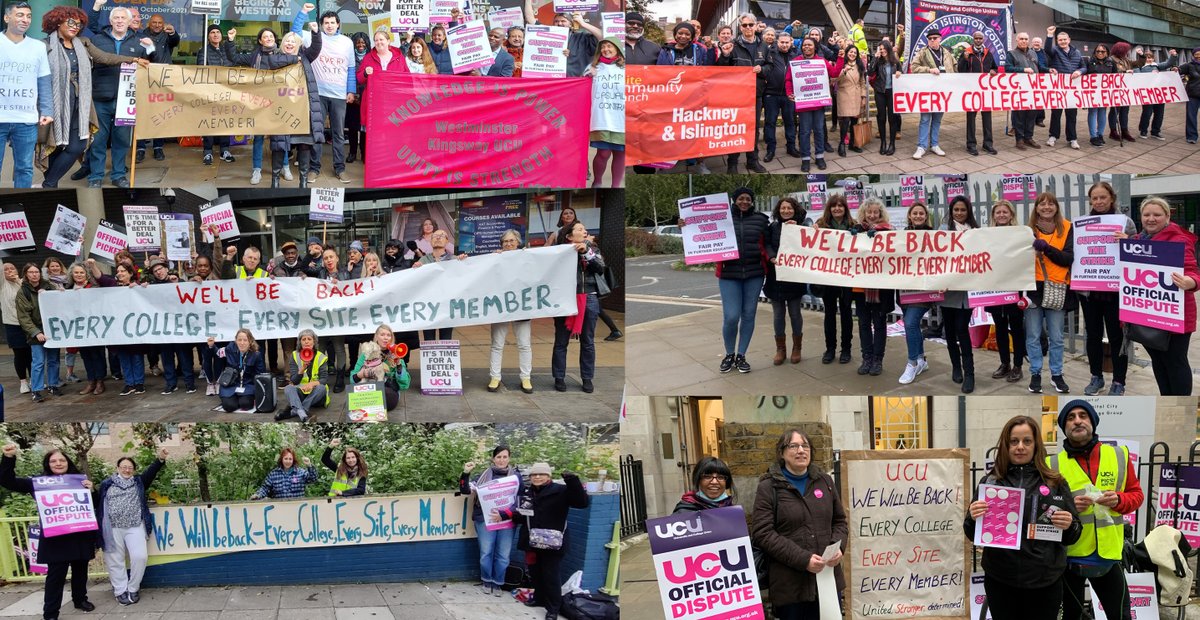 The message from UCU CCCG pickets lines today: We'll be back: every college, every site,every member. @ucu @UCUWestking @UCU_CandI @LondonUCU @UCULondon @DrJoGrady @zenscara @UCULSCollege @UCU_HWUBranch @UCUHallam @UCU_Hackney @UCUBU @UCUBarnsleyColl @UCUBradfordColl @UcuCrc