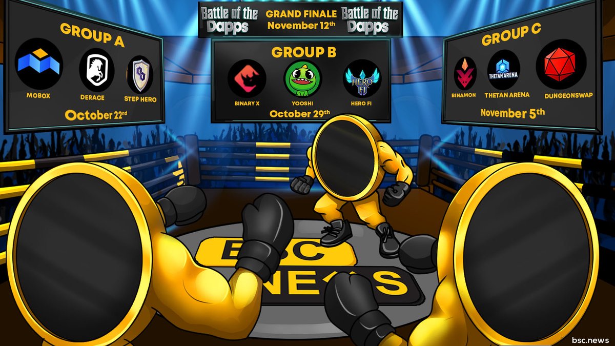 We have got cyberdragons, we have got a fluffy dinosaur, and we have got all kinds of heroes. Group B has it all.

Group B Contestors:
<a href="/binary_x/">Cici</a> 
<a href="/yooshi_official/">YooShi</a> 
<a href="/HeroFiio/">HeroFi</a> 

When: October 29th, 6PM UTC 
Where: #BSCNews Twitter Spaces
#Battleofthedapps