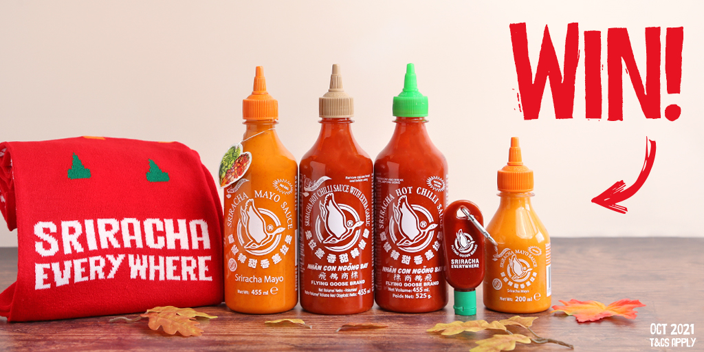 FOLLOW & RT for your chance to #WIN this selection of Flying Goose Sriracha Sauces and Scarf, because it's October now 🧣 #Competition #FreebieFriday T&Cs Apply: bit.ly/3gArtaj