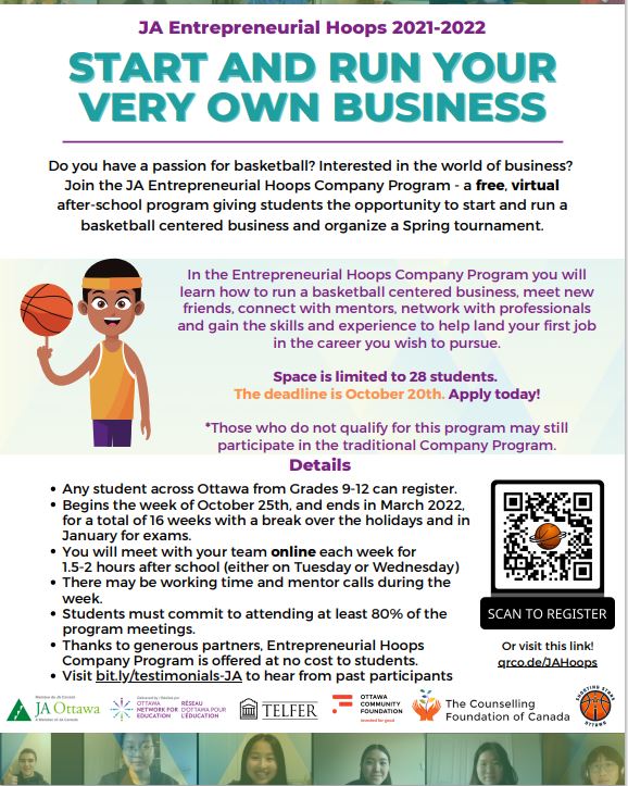 🏀Have a passion for #BASKETBALL? Gain the knowledge and #mentorship skills to launch a basketball-centered #business. 
JA Entrepreneurial Hoops is a FREE, virtual after-school program. Deadline to register Oct 20-Apply today!  qrco.de/JAHoops
#JAOttawa #entrepreneurship