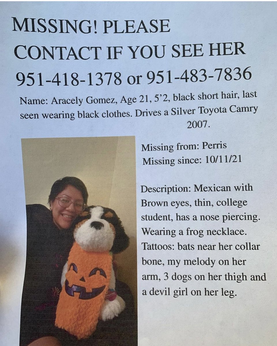 CanalRuby's tweet photo. Hello everyone, my coworker is currently missing. Her name is Aracely. She’s 22 years old and she’s 5’2. She hasn’t been in contact and/or seen with any of her family since Monday. She hasn’t went into work since either. Please help us find her by sharing this. Thank you. https://t.co/4SjfGlXxB3