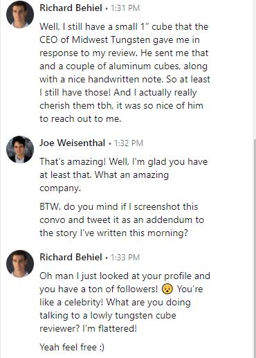UPDATE: I found the guy who wrote the incredible 2019 review on Amazon of the tungsten cube. He lost his 1.5" cube in a breakup, but the CEO of <a href="/MTS_Store/">MidwestTungstenStore</a> was kind enough to send him a 1" cube and a nice handwritten letter. Another legend in the cube community.