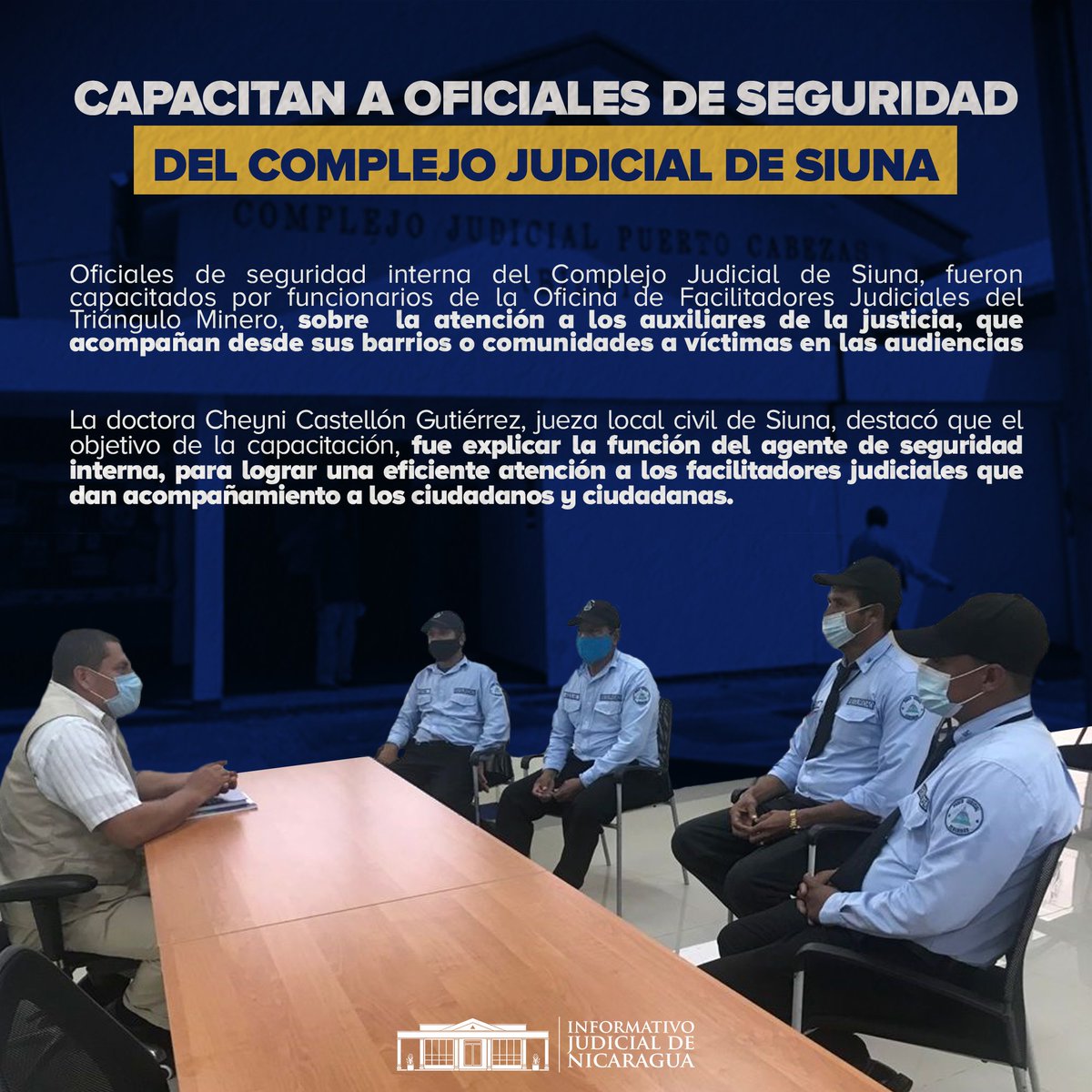 InformativoJud1's tweet photo. #InformativoJudNic| Facilitadores Judiciales del Complejo Judicial de Siuna, capacitan a Oficiales de Seguridad Interna de dicho Complejo, sobre la atención a los Auxiliares de la Justicia. ✊🇳🇮⚖️

#Nicaragua
#15Octubre https://t.co/K5Sd17LABh