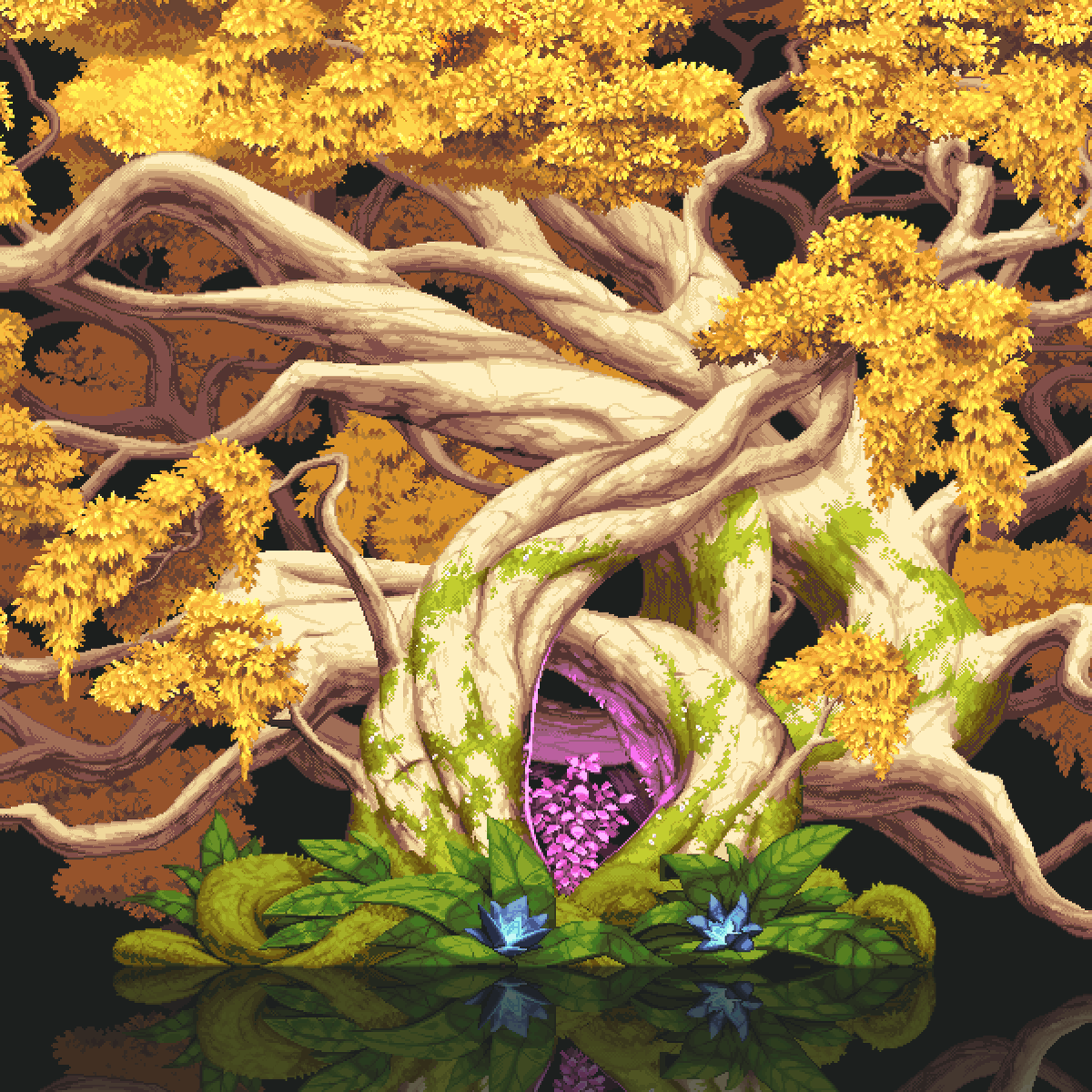 BaldPixelArtist's tweet photo. A part of a really massive and important tree, done for #Sacrifire. I wonder for how long I will be tired of tree crowns and leaves. 
 #ドット絵 #pixelart #indiedev #gamedev https://t.co/HjxLdD96p2