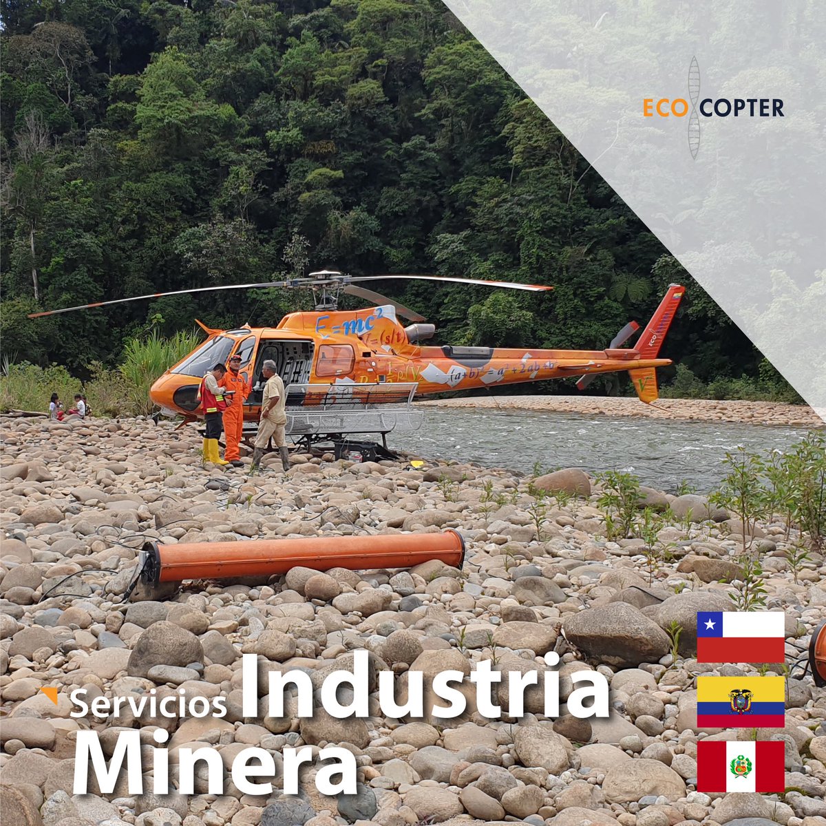 En la industria minera, nuestra compañía puede realizar trabajos de alta complejidad como: estudios, exploraciones, rescates, otros servicios.

#Ecocopter se caracteriza por cumplir todos los estándares de seguridad al momento de brindar sus servicios.
#Chile
#Perú
#Ecuador