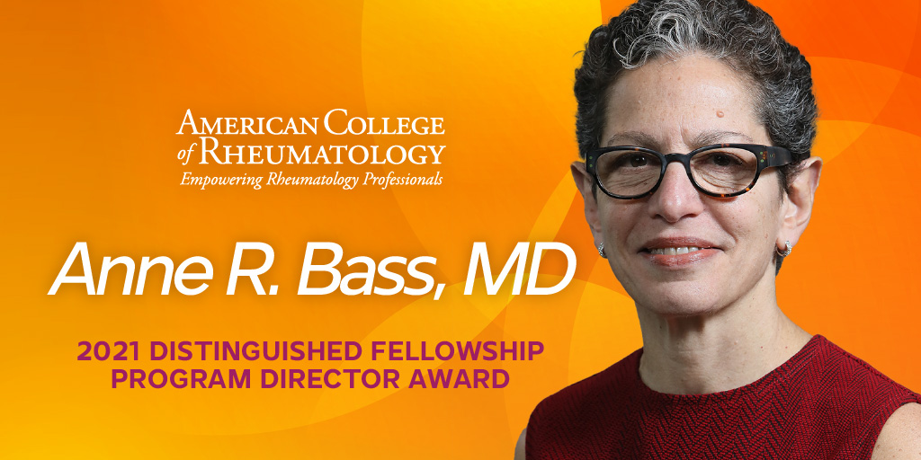 Congratulations to Anne R. Bass, MD, recipient of the 2021 Distinguished Fellowship Program Director Award! <a href="/lovetolearn27/">Anne Bass</a> <a href="/HSpecialSurgery/">Hospital for Special Surgery (HSS)</a> <a href="/WeillCornell/">Weill Cornell Medicine</a> #ACR21