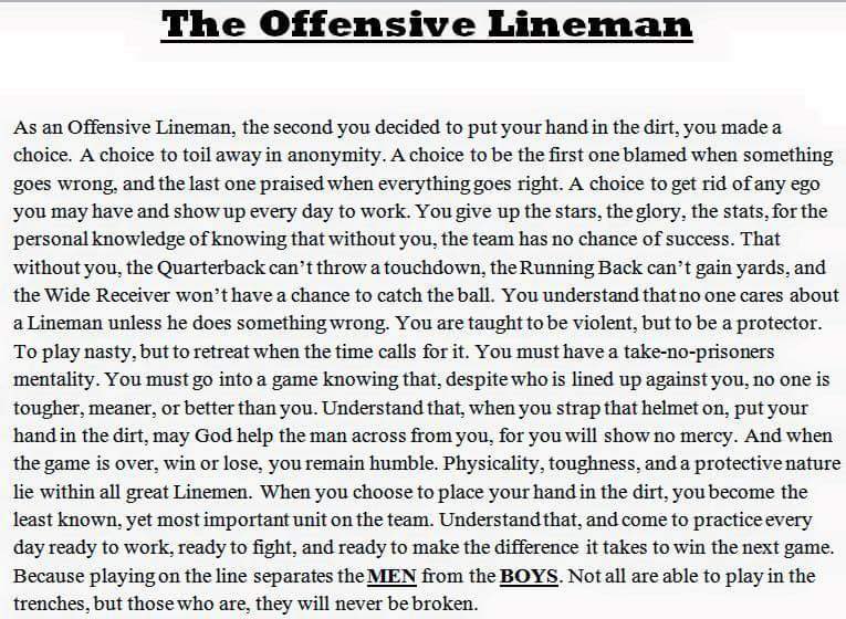 BLAnderson0601's tweet photo. @WeAreBigGuys I am sure this has been posted before, but for young players it can not be posted enough.  NOTHING HAPPENS WITHOUT THE OFFENSIVE LINE! https://t.co/1kLksusOnP