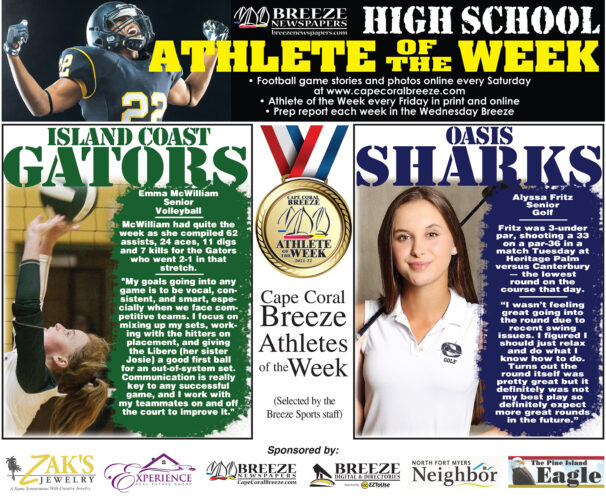 Congrats to our newest pair of student-athletes selected as Athlete of the Week.

Island Coast's Emma McWilliam and Oasis' Alyssa Fritz both turned in great performances this past week for their schools. Read about their achievements below. 

<a href="/ichighschool/">Island Coast High</a> @IslandCoastAD1