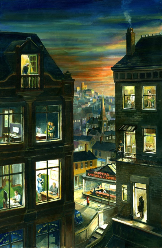 JuanjoLara01's tweet photo. Si sois un poco indiscretos y miráis por las ventanas, descubriréis que cada apartamento es un homenaje a Hopper. Y el bar, ese bar...

🎨 Oficinas en la noche, Phil Lockwood. https://t.co/1Oupv0owsL