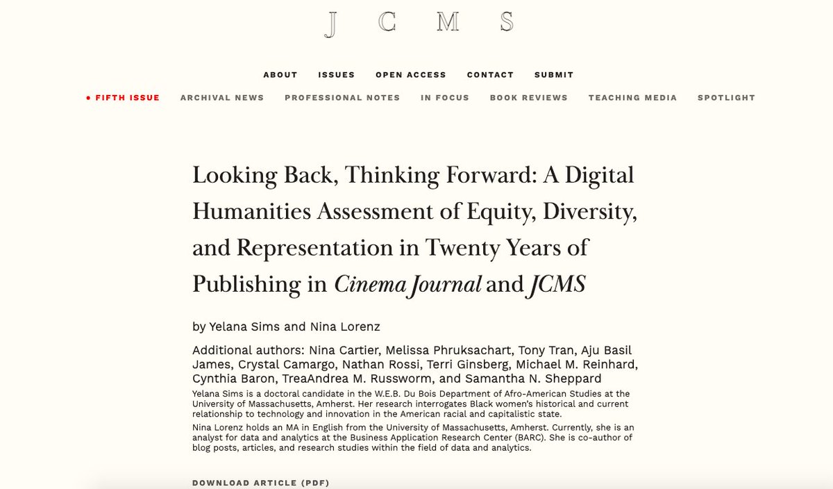 JCMSJournal's tweet image. "Looking Back, Thinking Forward:A Digital Humanities Assessment of Equity, Diversity, and Representation in Twenty Years of Publishing in Cinema Journal and JCMS"quod.lib.umich.edu/cgi/t/text/idx… is now #OpenAccess in JCMS 61.5—assessing its publication ethos and history. @mphruksachart