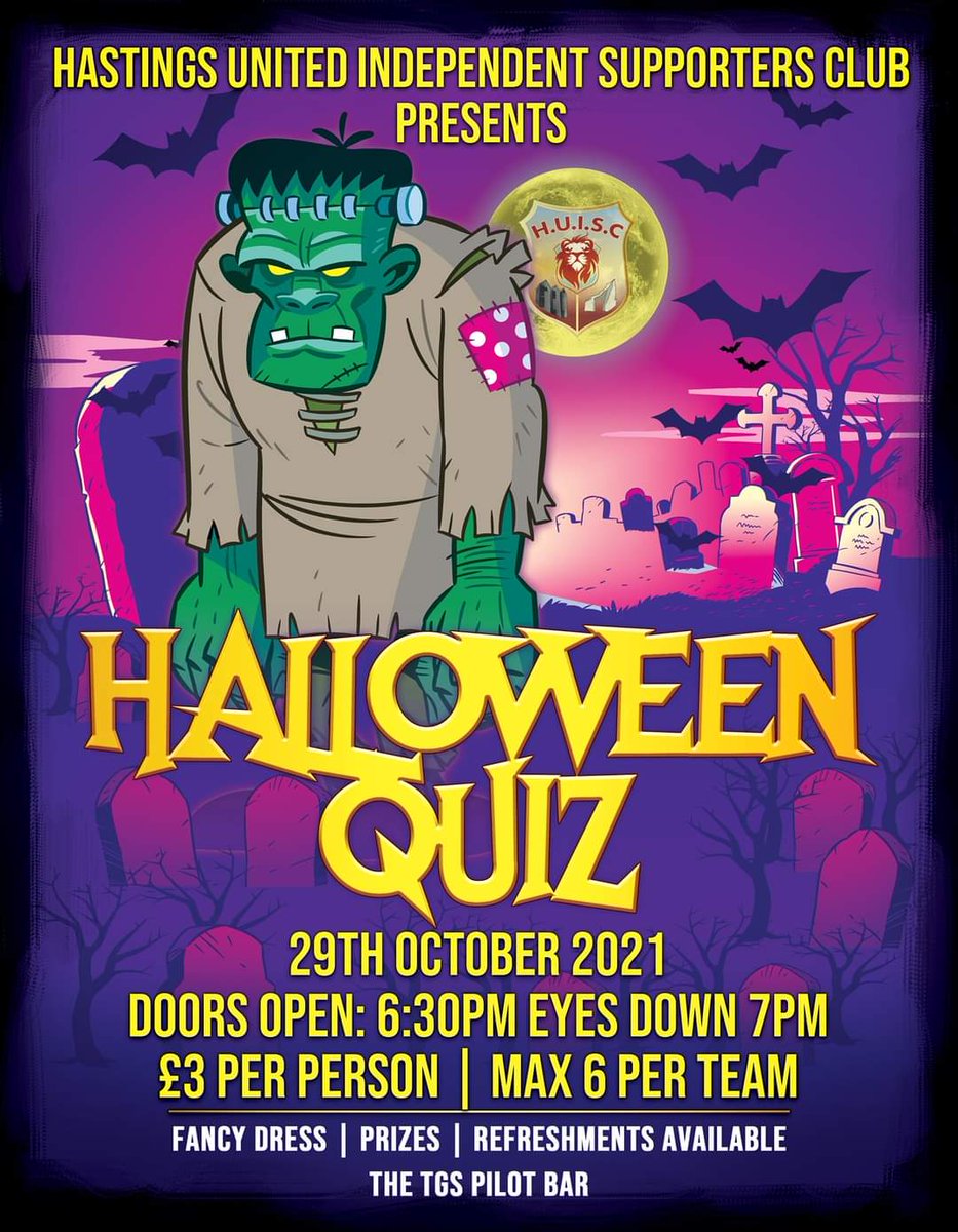HastingsUtd_ISC's tweet photo. Still time to grab a table for our Halloween Quiz
#HUISC #HastingsUnitedIndependentSupportersClub #HalloweenQuiz #Halloween #Quiz https://t.co/fVzjaCGls3