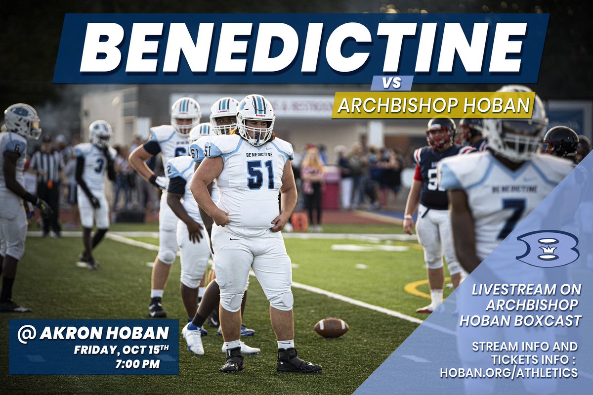 BENE_ATHLETICS's tweet photo. Our Bengals will travel to Akron tonight to face Hoban! Kickoff is at 7 PM.

The address is: 1 Holy Cross Blvd, Akron, OH 44306

Tickets are $8.00 and must be purchased electronically. Livestream tickets are also $8:00.
Both can be purchased here:
https://t.co/Gkd0464V9P https://t.co/6bzgstioro