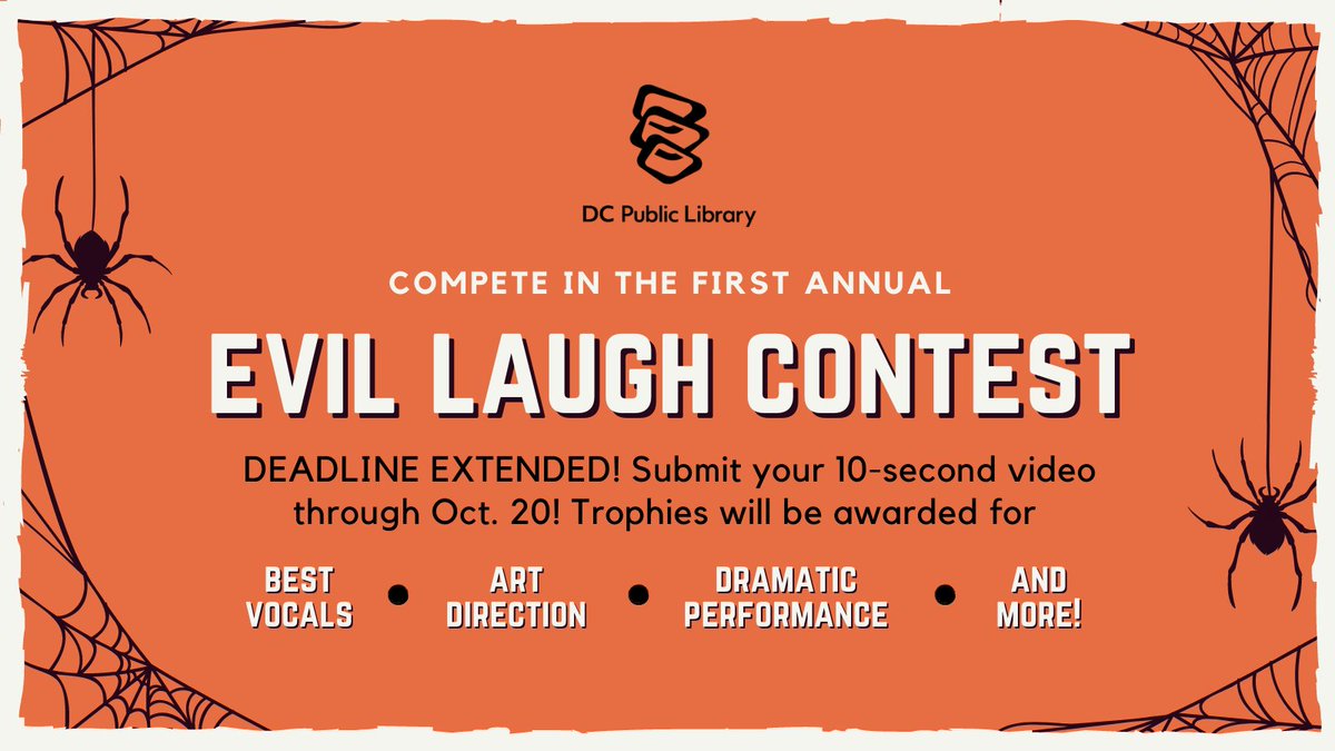 dcpl's tweet photo. Spooky season lovers rejoice! The Library's #EvilLaughContest deadline has been extended to Oct. 20! Send us a video of your creepiest cackle, your ghoulish guffaw for a chance to win a trophy and some serious villain street cred! https://t.co/8itdhgVC4I https://t.co/N9IpXC6NiQ
