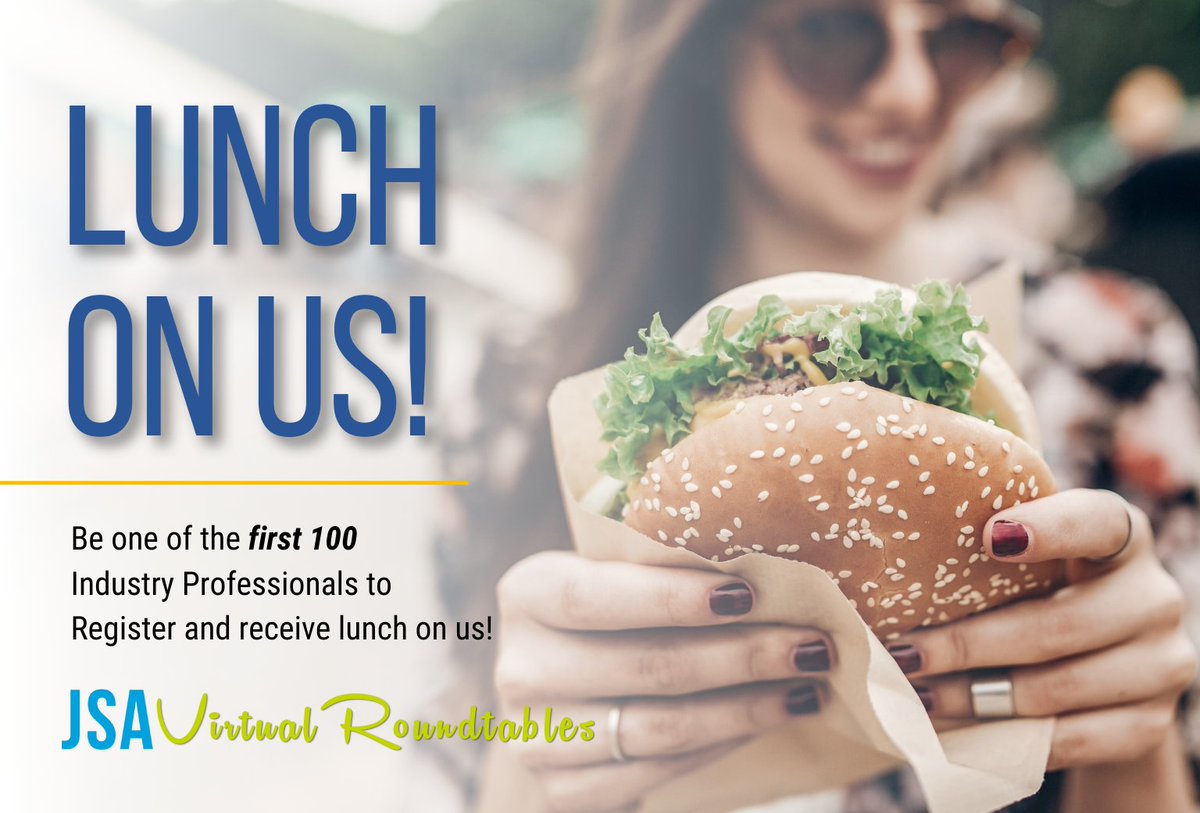JSAEvents's tweet photo. 🍕FREE LUNCH🥗 for the first 100 industry professionals who register for our October 21st Virtual Roundtable. Register here: https://t.co/95kyPUdIWW! 

Don't miss this must-attend, first-in-the-industry experience. https://t.co/6Is3fFQOou