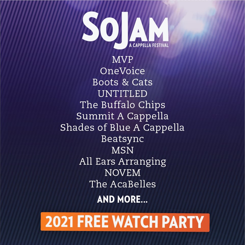 SoJam's tweet photo. When you can't bring the people to #SoJam, bring #SoJam2021 to the PEOPLE (and do it for free)!
Our lineup for the 2021 Fall Showcase Watch Party is out! Save the date November 7, 2021 and we'll see you in the comments section.
#WatchParty #Facebook #ACappellaShowcase https://t.co/ZI2rxhiDjX