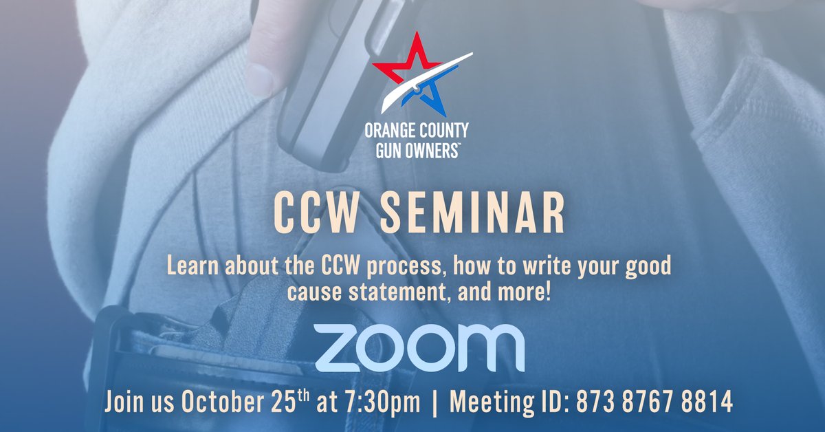 OCGO2A's tweet photo. Still have questions on getting your CCW?  Join us Oct 25th for our Online CCW Seminar! You'll get all your questions answered! Invite a friend and we'll see you there! 
https://t.co/pYdsfH0eQF https://t.co/7NCo7nKQOI