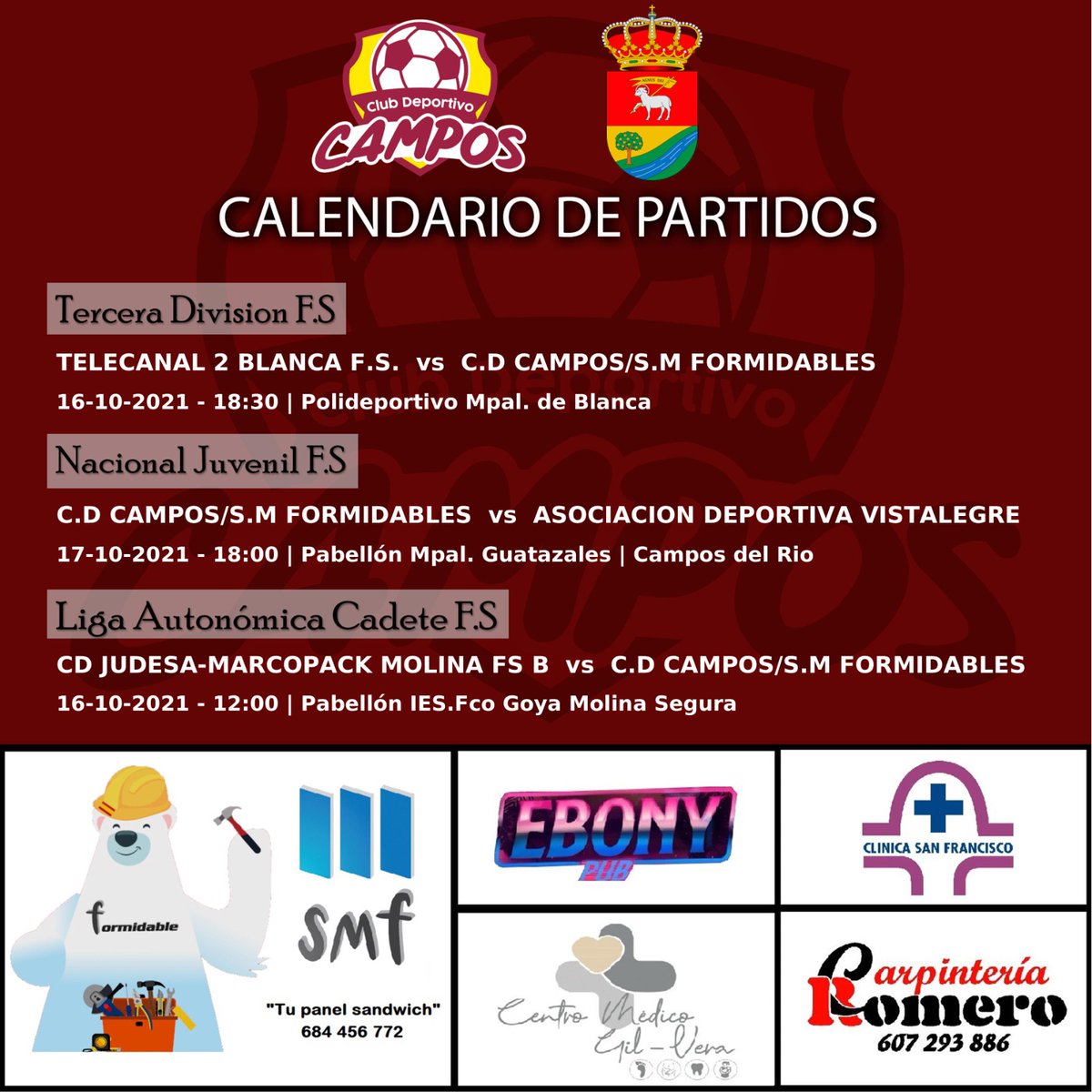 Cdcampos2's tweet photo. Aquí os dejamos los partidos de nuestros equipos. A darlo todo chicos.💪💪. @muleo1 @Ayto_Campos @IvnPrezCalixto1 @MPerezceron @sergiovalverdea @Alexpuru01 https://t.co/Rrwnzst1CQ