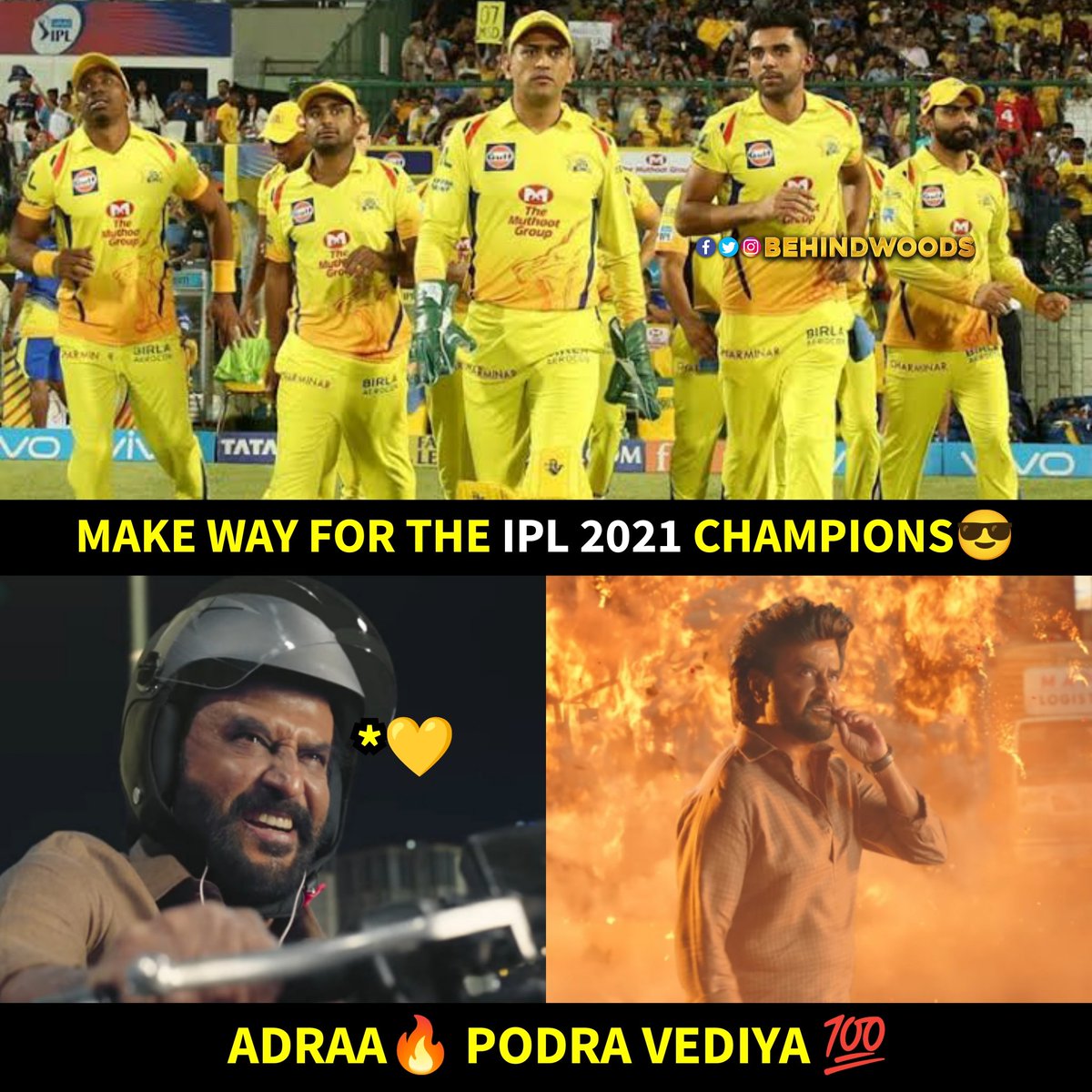 behindwoods's tweet photo. Podra Vediya 😎💛💯

#CSK #ChennaiSuperKings #CSKvsKKR #KolkataKnightRiders #IPL2021 #IPL #IPLFinals #CSKvKKR https://t.co/Icdi65j1x6