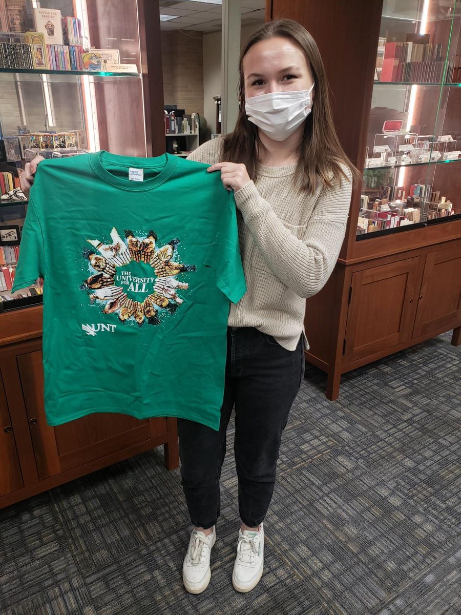 UNTSpecColl's tweet photo. Congrats to our student employee Haley McGlynn for winning a #MaskSwag t-shirt! We appreciate the help making @UNT_Libraries a safe space by wearing your mask! https://t.co/q3LMI7N12k