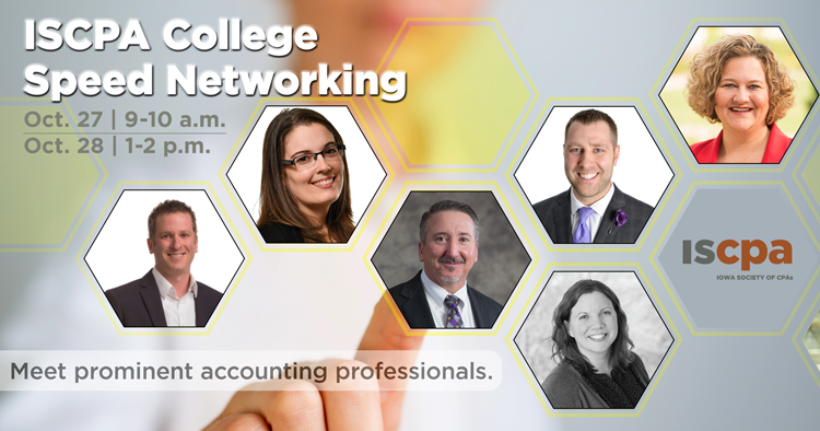 IowaCPAStudents's tweet photo. Start building your professional network now! Two speed networking events for college students are open for registration. Free with ISCPA student membership (also free). Oct. 27 https://t.co/Ey8zUg7qCn or Oct. 28 https://t.co/1VZIPVbso8 https://t.co/sMsfKdHtf7
