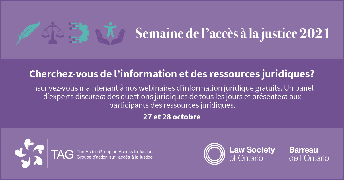LawSocietyLSO's tweet photo. Access to justice means people have access to the information, resources and services necessary to effectively resolve their legal issues. Join us this #A2JWeek on Oct 27 &amp; 28 for free online public legal education seminars. Learn more: https://t.co/2ujEjhmYJd https://t.co/wP4nWyx9N2