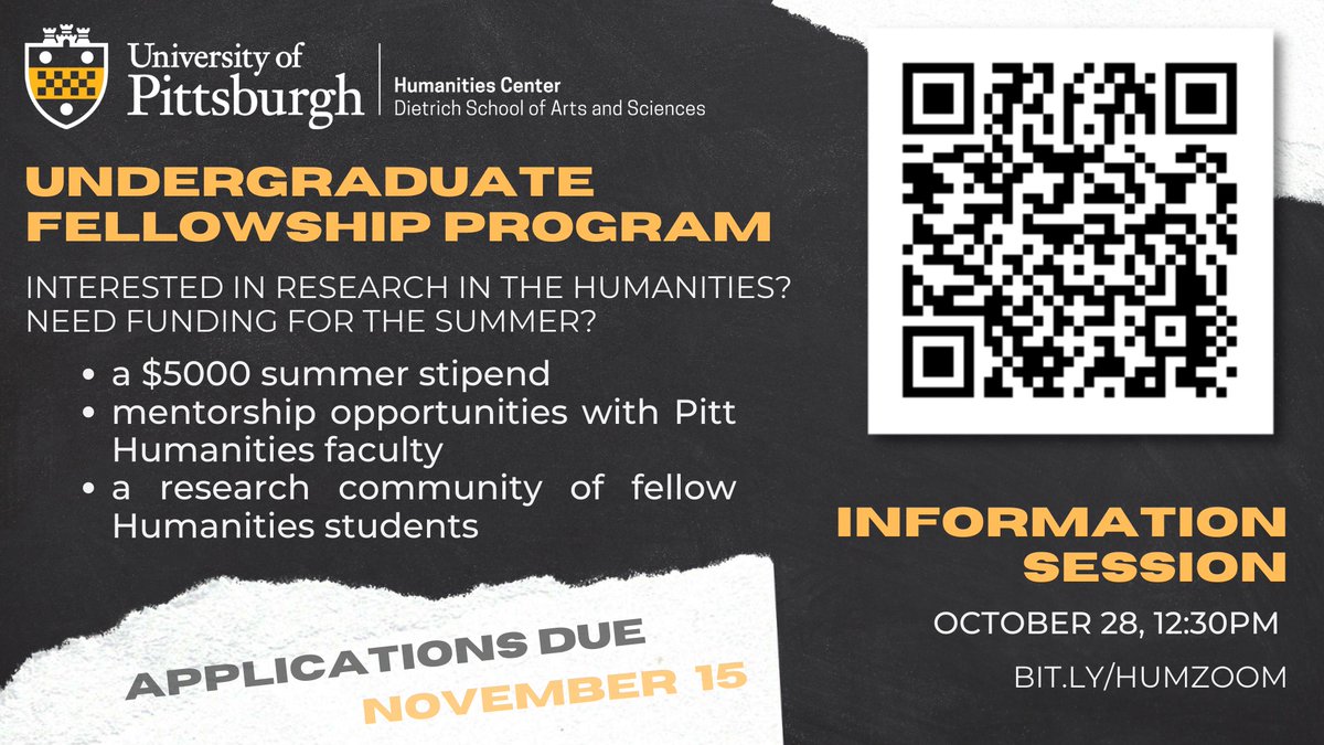 pitthumanities's tweet photo. Are you an undergrad at @PittTweet interested in the humanities? Apply for our fellowship program, which includes mentorship and funding, here: https://t.co/6oJ94vlxXP https://t.co/WEkkg0V6ni