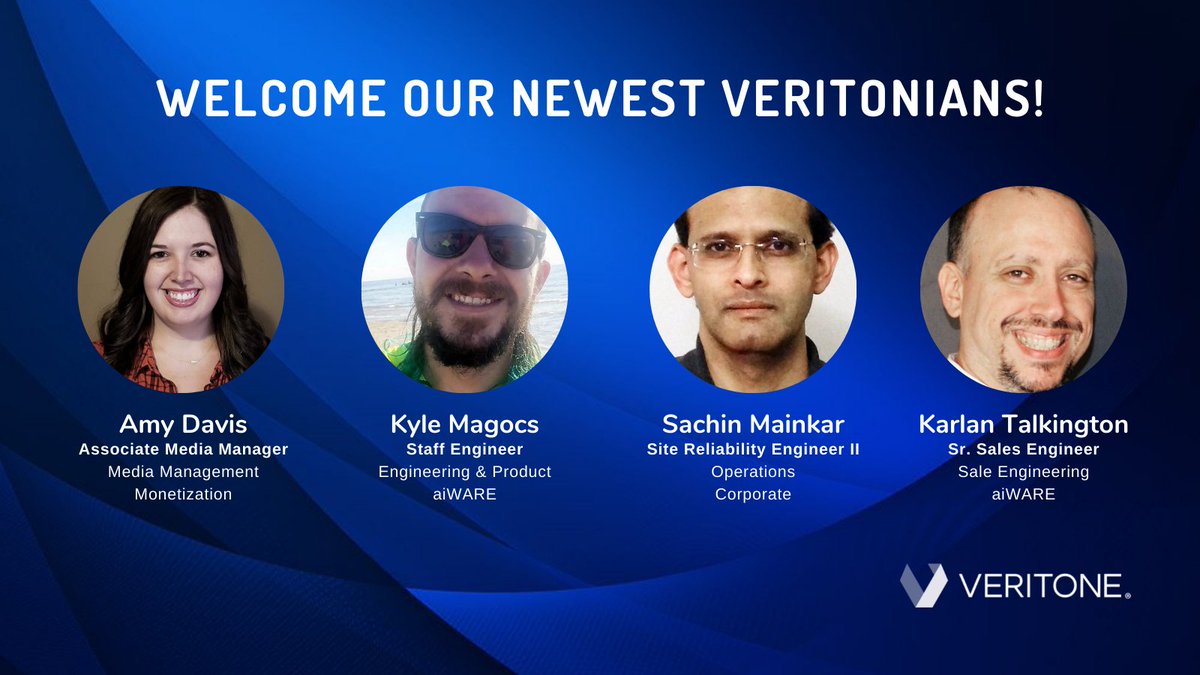 veritoneinc's tweet photo. Say a big hello to our new hires: Amy, Kyle, Sachin, and Karlan! 👋

#LifeAtVeritone #NewHire https://t.co/JbRW56Jy7F