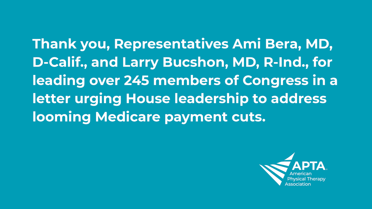 APTA_official's tweet photo. Thank you @RepLarryBucshon and @RepBera for your leadership to address the 2022 Medicare Fee Schedule cuts.  APTA is grateful to the 247 bipartisan members urging House leadership to take action. 
#PTAdvocacy #FightTheCut
https://t.co/460qo01ISl https://t.co/OQWI4zvFct