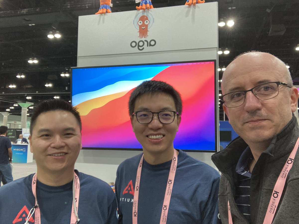 dkcira's tweet photo. Great to meet and talk with the @argoproj team at #kubecon2021 @JesseSuen and Hong Wang. Excited about their journey with @akuityio https://t.co/l7LFppdj9X