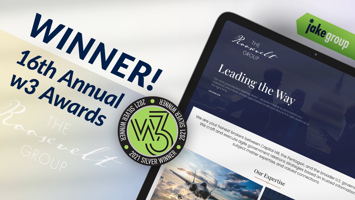 🍾The Jake Group is a winner in the Annual <a href="/W3Awards/">w3 Awards</a>! A true collaborative effort w/ the <a href="/Roosevelt_DC/">The Roosevelt Group</a> team. We were thrilled to work w/ a client who wanted to push the boundaries of what it meant to be a govt consulting firm in Washington, DC.

---> bit.ly/w3Awards