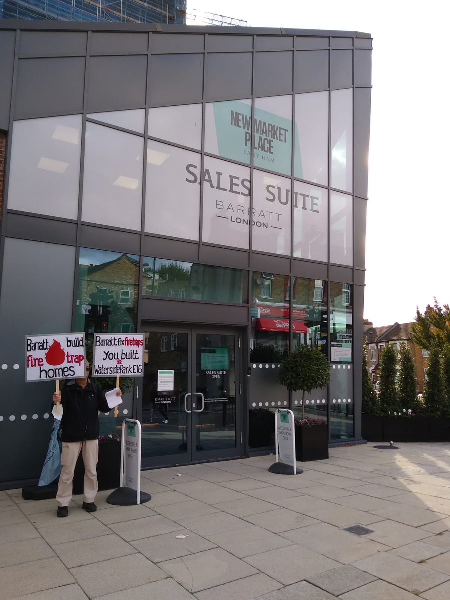 <a href="/for_e16/">Residents for Waterside Park E16</a> protesting today at East Ham <a href="/BarrattHomes/">Barratt Homes</a> sales office. We have a daily presence at one of their locations #barrattsmustpay <a href="/LiamSpender/">Liam Spender</a> <a href="/LKPleasehold/">Leasehold Knowledge</a> <a href="/polluterpaysbsb/">Building Safety Scheme (LFRB)</a> <a href="/claddingscanda1/">Building Safety Map | #EndOurCladdingScandal</a> <a href="/BuildSafeCrisis/">Buildingsafetycrisis.org</a> <a href="/cladding_crisis/">Trapped Shared Owners</a> <a href="/CladdingPeabody/">PeabodyCladdingResidents</a>
