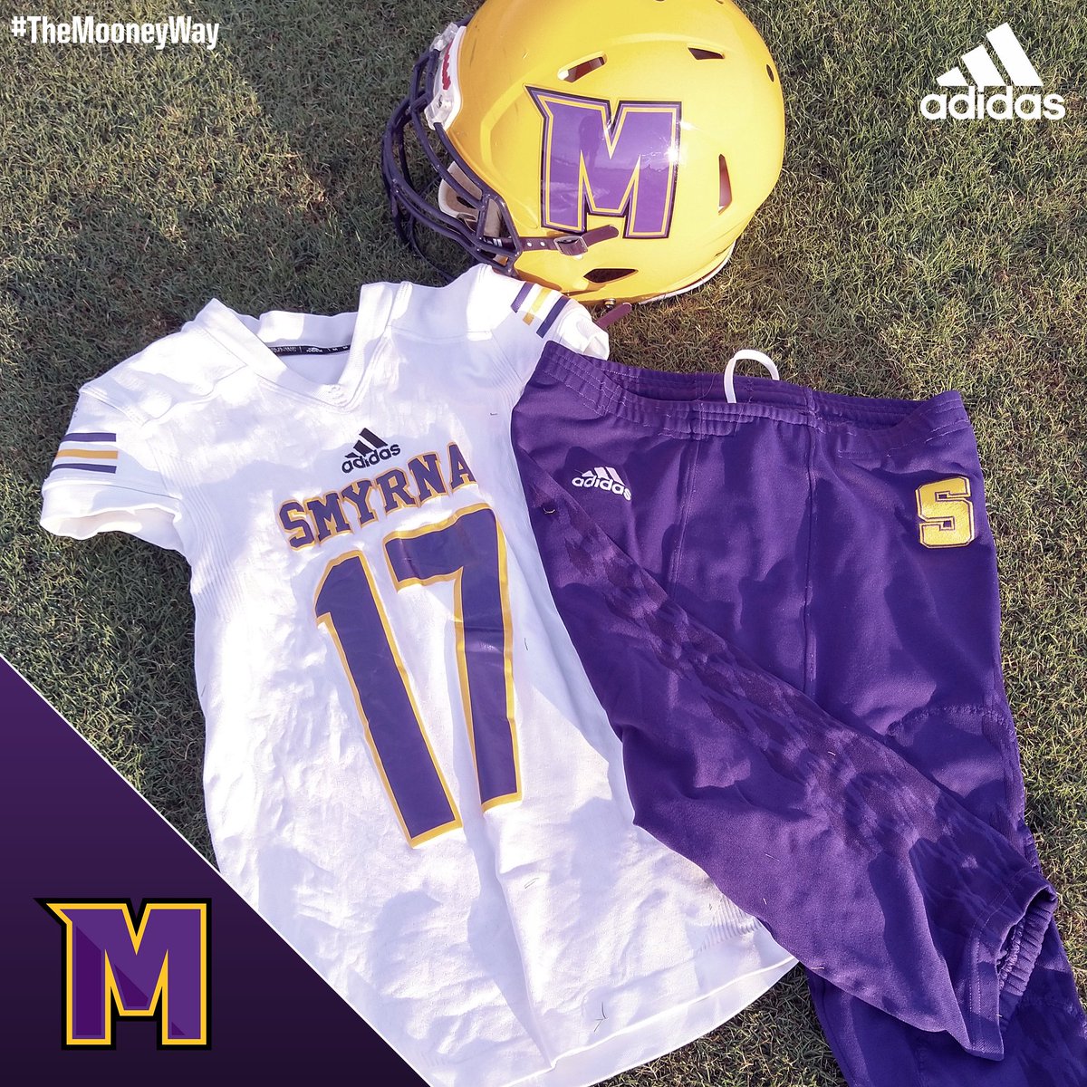 smyrnafootball's tweet photo. When we take the field tonight the first time without  @CoachMooney20 each player will have an M on the left side of his helmet.  
These were provided by @CPAFootball and are an example of outpouring of love &amp; support sent our way.
⛑M
👕⬜
👖🟪
#TheMooneyWay #BulldogForever https://t.co/uYPDpb2Dni